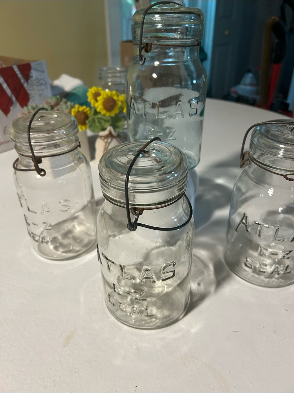 Pristine Condition Set of 4 Vintage Clear Glass ATLAS Mason Jars, Wire Bail Lid